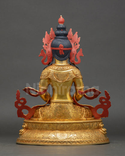 Rear view of handcrafted Amitayus statue showing detailed lotus pedestal