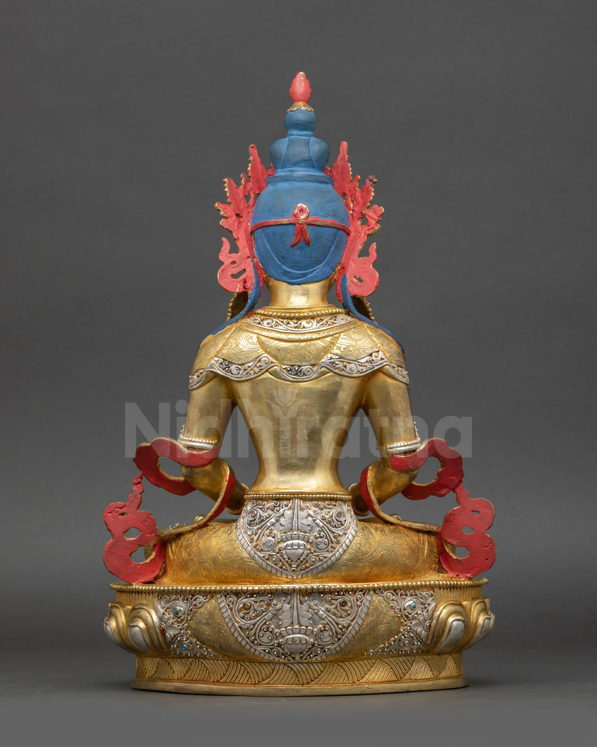Amitayus Statue Back View Gold Fire-Gilded Copper with Silver Details