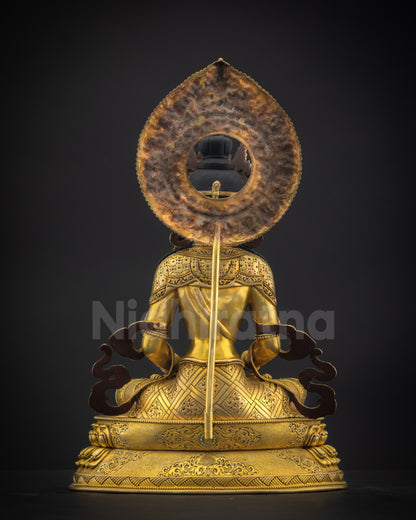 Back view of Amitayus Masterpiece showing carved robes, flowing lower garments, and divine halo