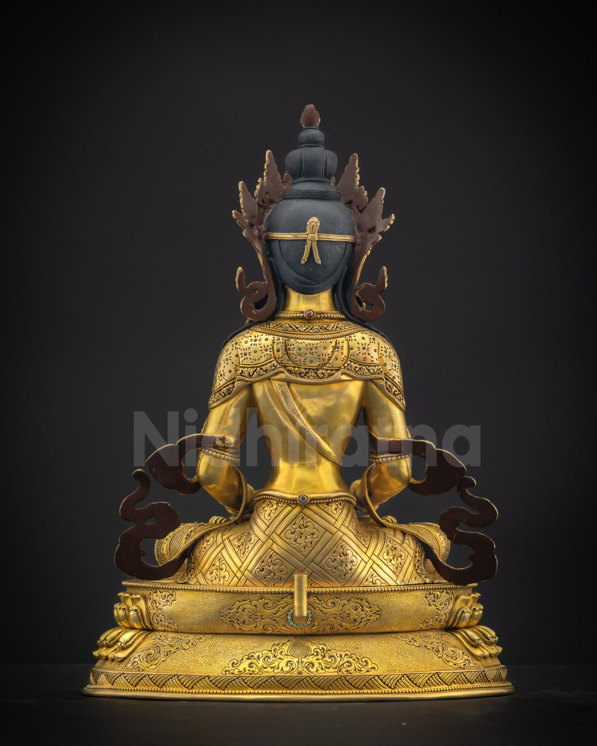 Back view of Amitayus Masterpiece Statue, showing detailed hand-carved robes and flowing lower garments