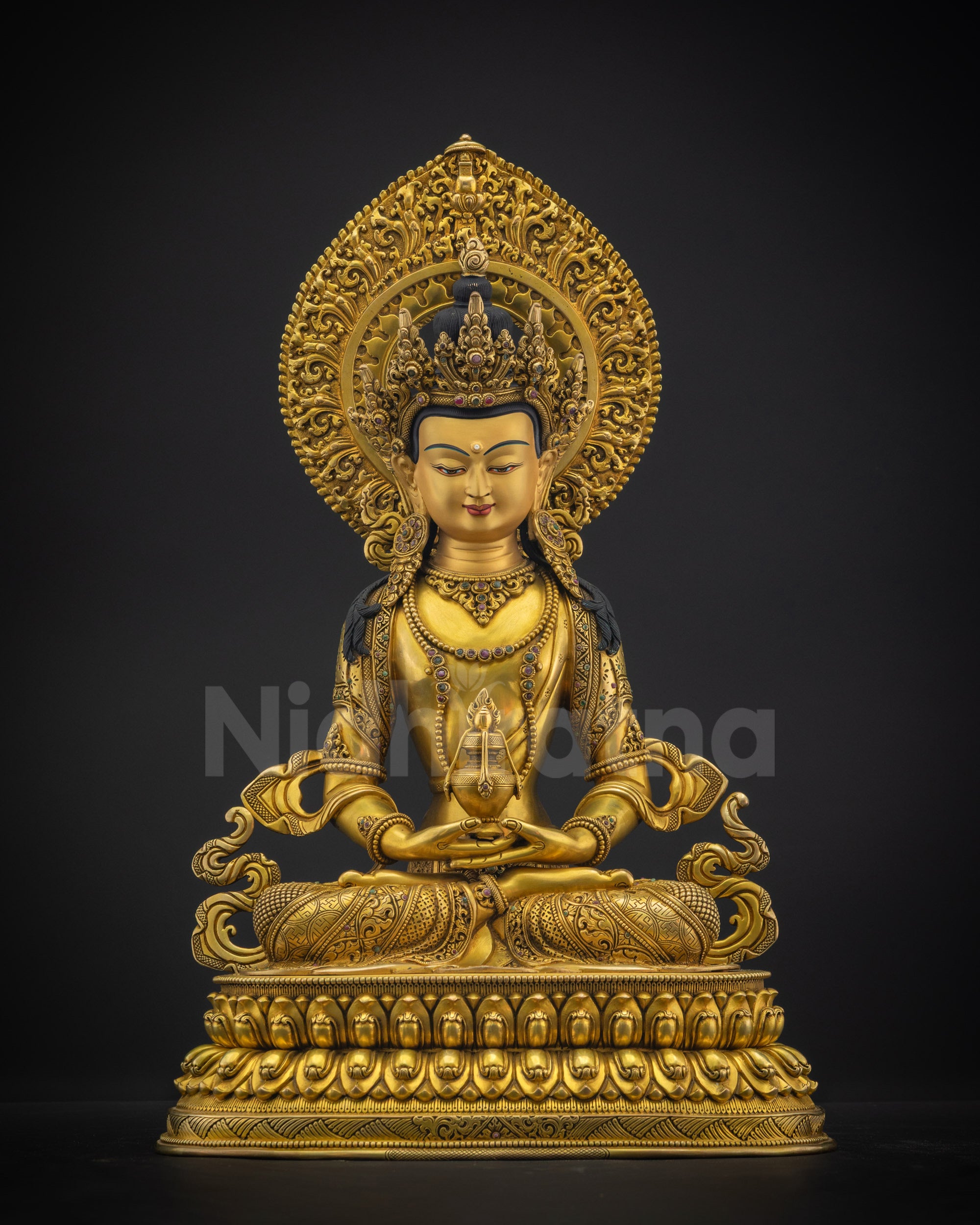 Front view of Amitayus Statue showing seated Buddha on double-layered lotus with gold-fire gilding and semi-precious stones