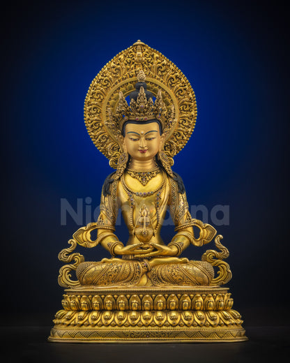 Full view of Amitayus Statue showing seated Buddha on double-layered lotus with flowing robes, gold-fire gilding, and semi-precious stones
