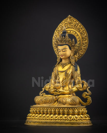 Left side view of Amitayus Statue displaying flowing robes, lotus seat layers, and detailed ornaments