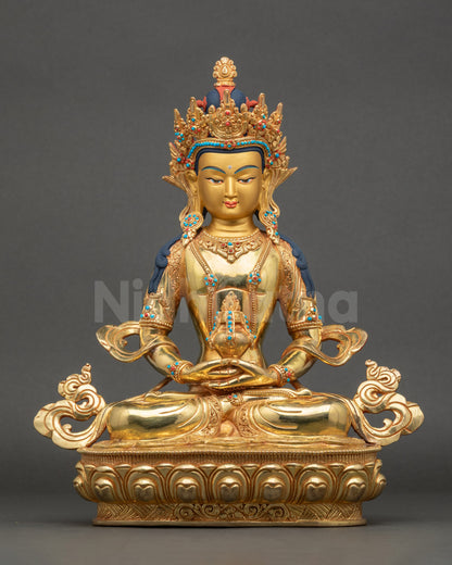Amitayus Statue handcrafted in Nepal, copper sculpture with gold fire-gilding on lotus seat