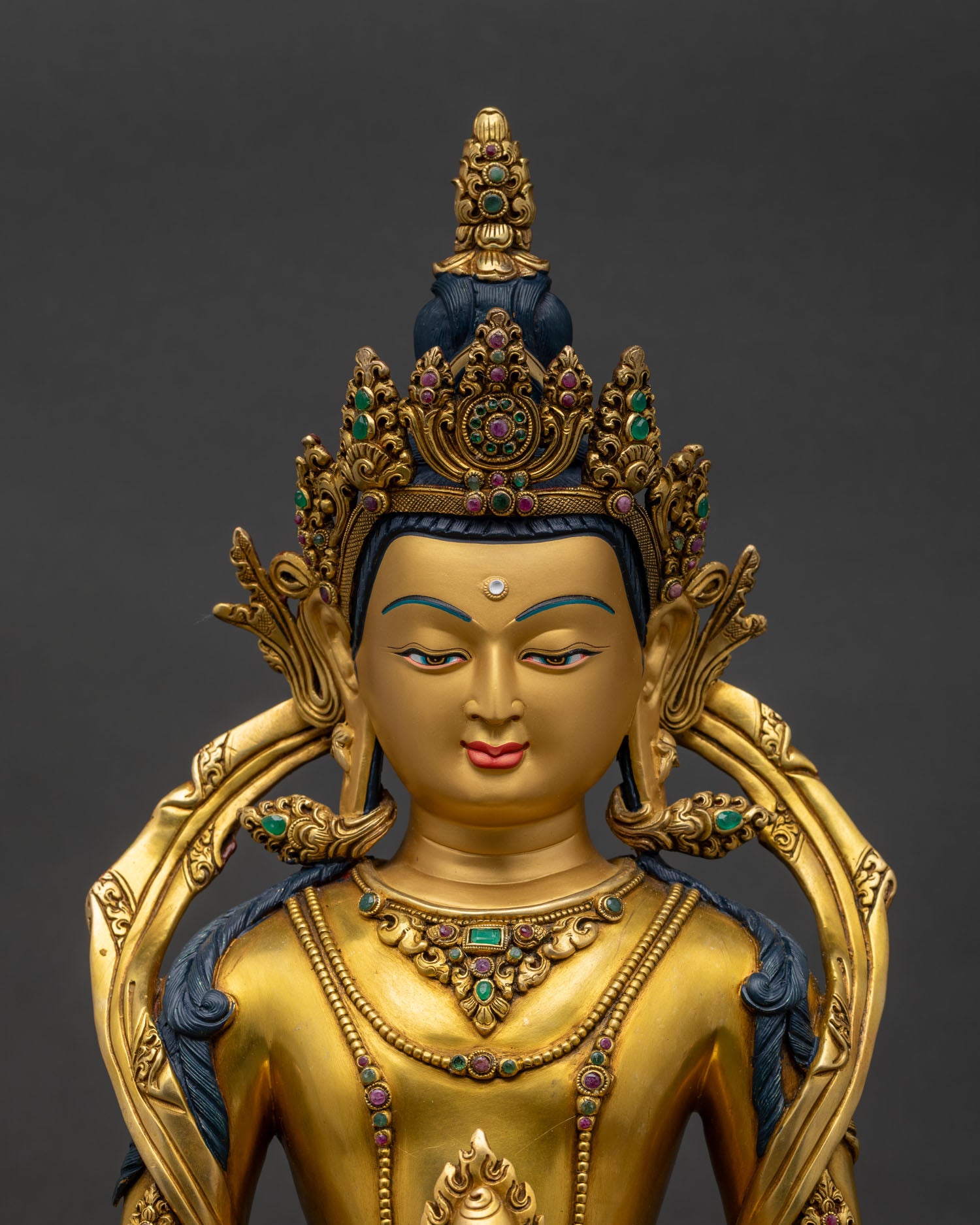 Amitayus Statue regular close up handcrafted Tibetan Buddhist artwork with gold gilding