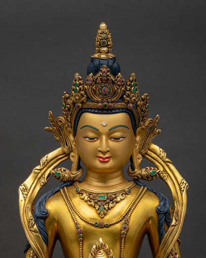 Amitayus Statue regular close up handcrafted Tibetan Buddhist artwork with gold gilding