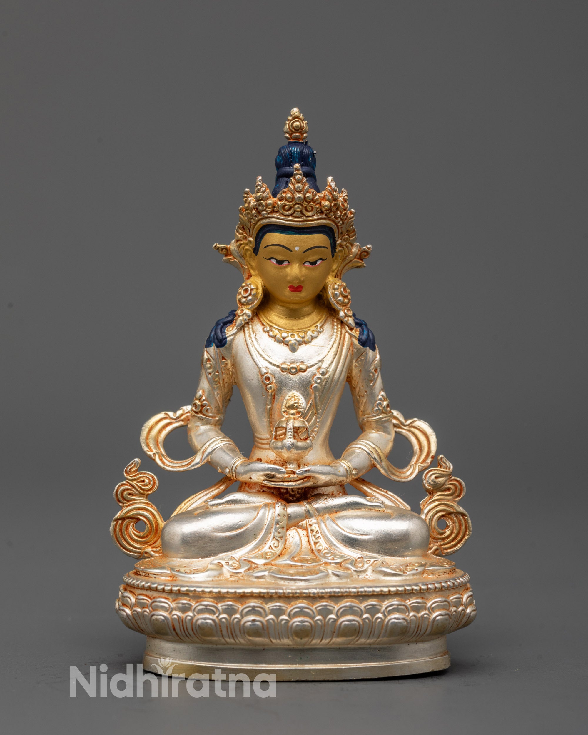 Amitayus Statue with 24k silver-plated body and gold-gilded face seated on lotus base