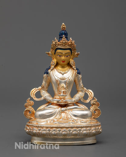 Amitayus Statue with 24k silver-plated body and gold-gilded face seated on lotus base