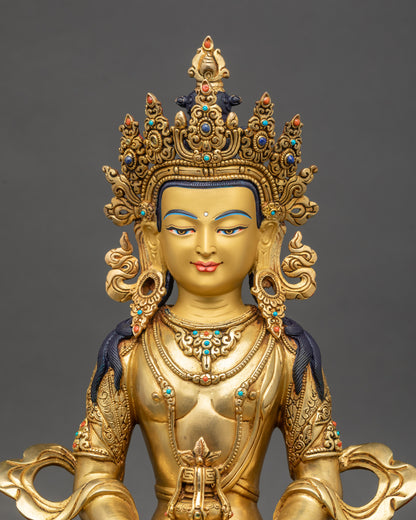 Amitayus longevity Buddha statue close up traditional Newari craftsmanship copper