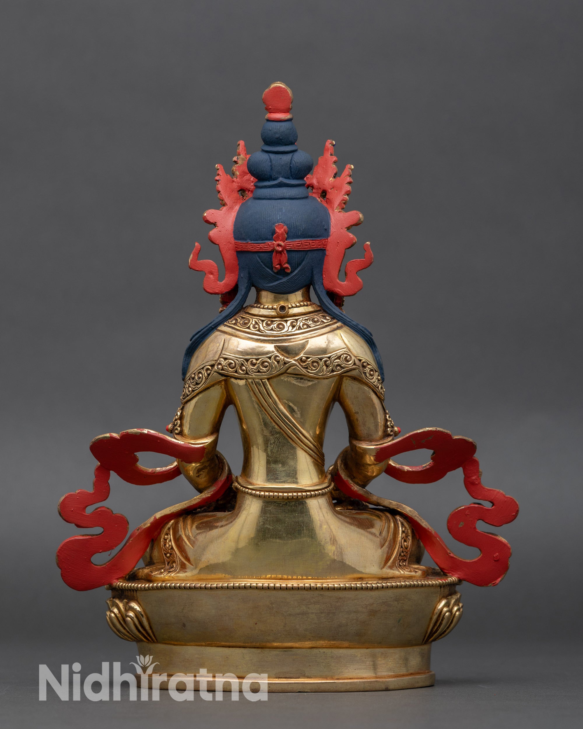  Amitayus statue back view, detailed robe carvings, floral motifs, Buddhist figurine