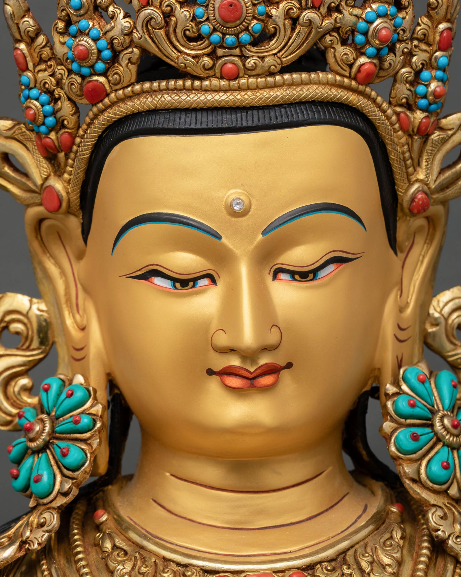 Amitayus statue face close up, serene expression, dhyana mudra, gilded Buddhist art Nepal