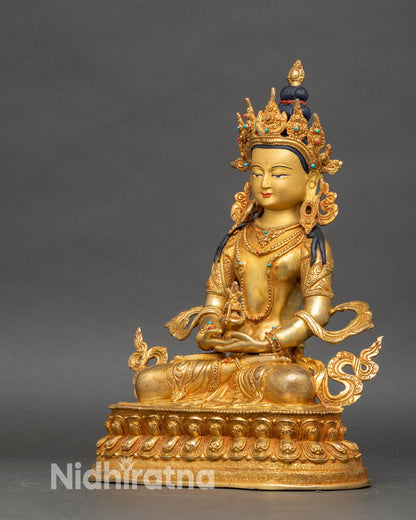 Amitayus-statue-left-side-view-handcrafted-in-Patan-with-fine-scrollwork-and-gold