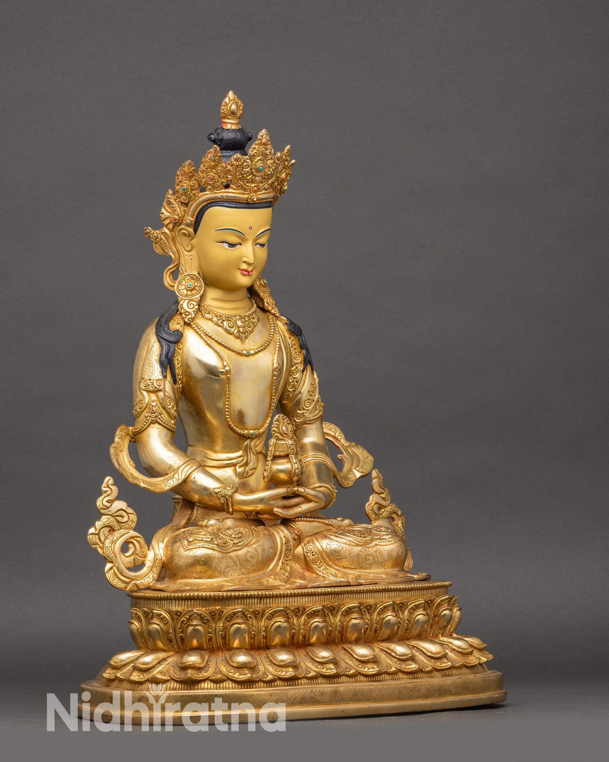 Right-side view of Amitayus statue, handcrafted copper and gold Buddhist altar sculpture