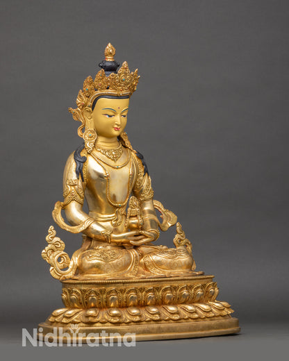 Right-side view of Amitayus statue, handcrafted copper and gold Buddhist altar sculpture