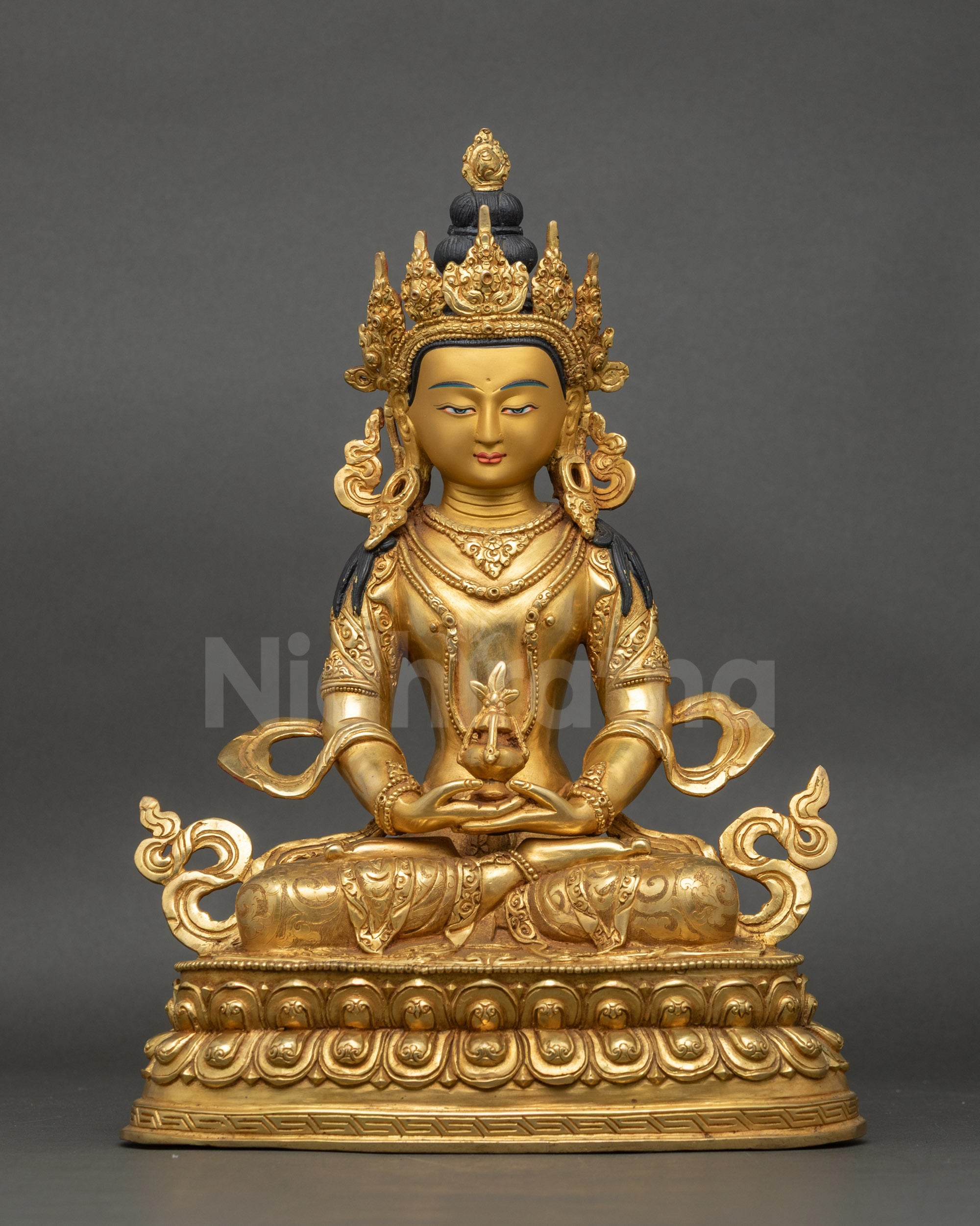 Amitayus statue seated on lotus pedestal, handcrafted Nepalese Buddhist artwork