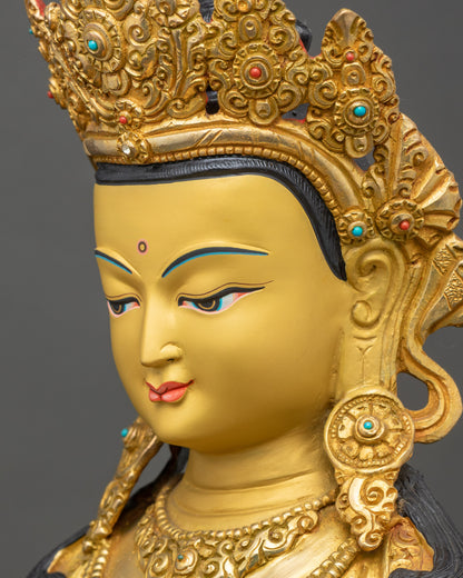 Side close-up of Amitayus statue, showing swirling robes and double-layered lotus pedestal