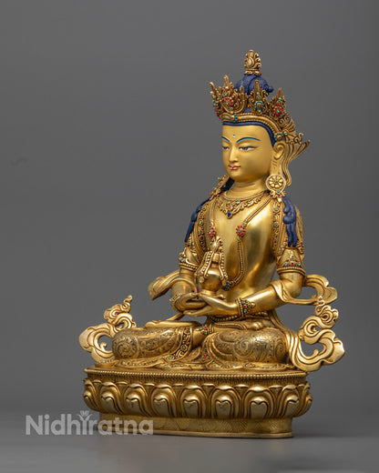  Amitayush Buddha statue in gold, symbolizing longevity, wisdom, and the power to overcome obstacles to health and vitality.