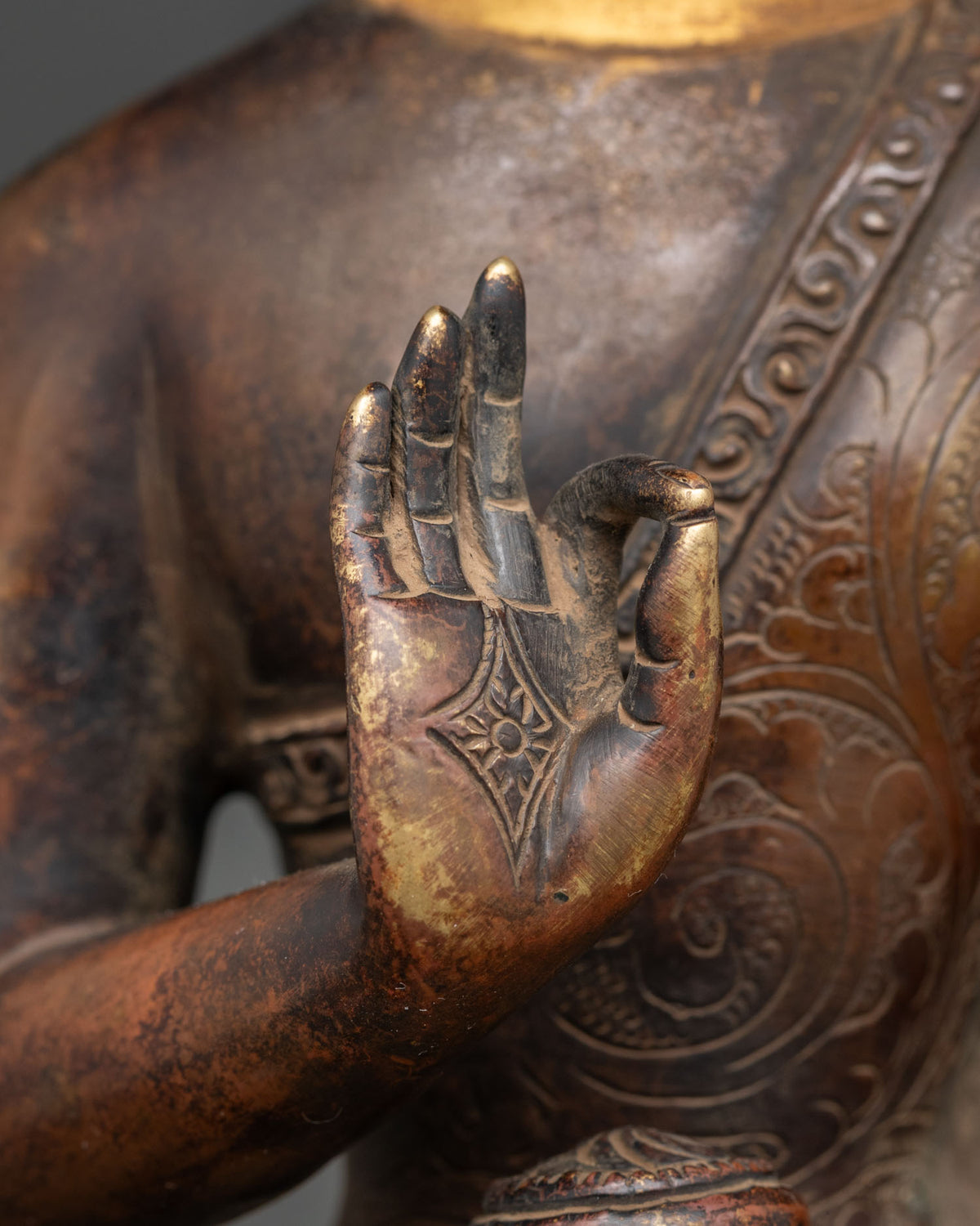 Wisdom Buddha Amoghasiddhi Sculpture | Chemically Oxidized Copper Idol