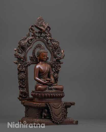 Side angle of oxidized Amitabha Buddha Sculpture showing intricate lotus throne