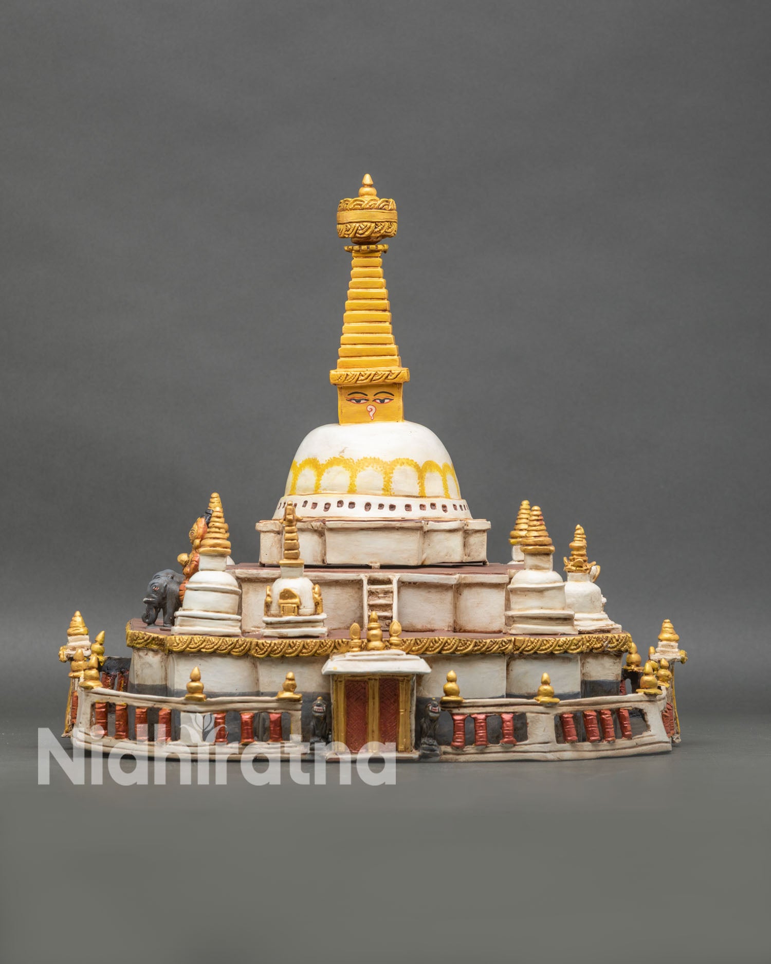 Angled view of Mini Boudhanath Stupa, hand-painted Himalayan sacred architecture