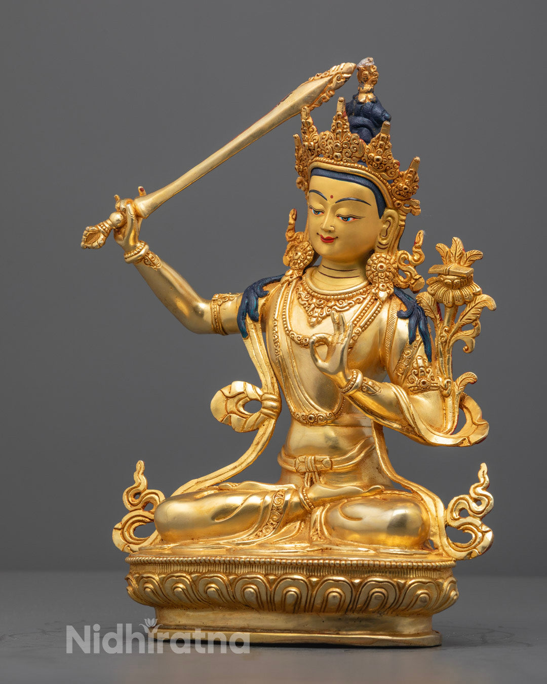 Tibetan Manjushri Statue with Detailed Robes and Hollow Mantra Chamber