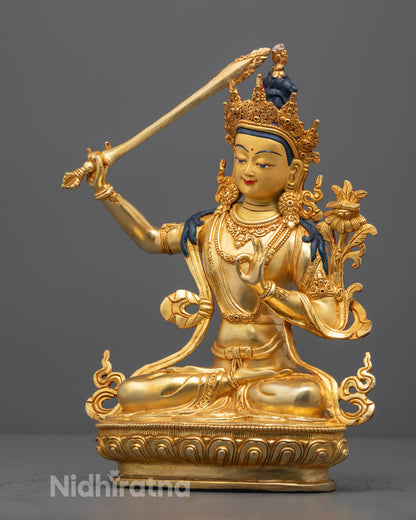 Tibetan Manjushri Statue with Detailed Robes and Hollow Mantra Chamber