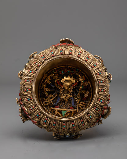 Angled base view of Tibetan rice pot showing bottom design and artisan metalwork