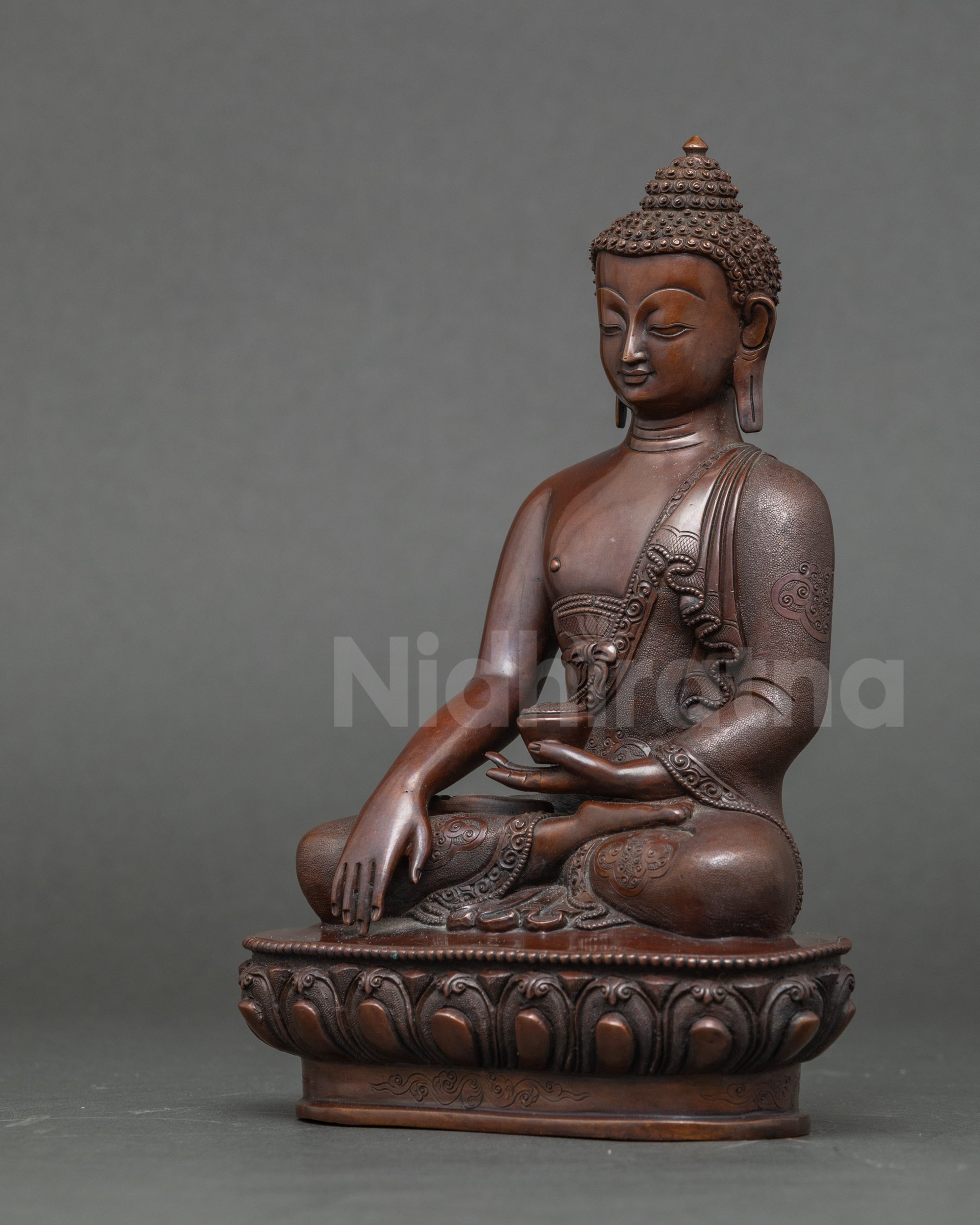 Angled view Shakyamuni Buddha statue, full oxidized copper, spiritual decor for meditation