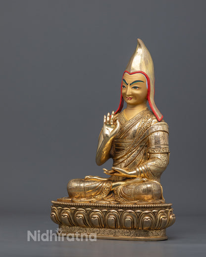 Angled view of disciples in Vitarka Mudra, richly painted with detailed lotus throne carvings.