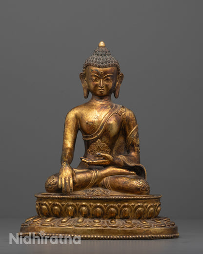 Antique Shakyamuni Buddha Statue Hand-Carved in Nepal with 24k Fire Gold Gilding