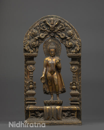 Antique gold Shakyamuni Buddha statue in Bhumisparsha mudra on a lotus throne, crafted using the lost wax technique.