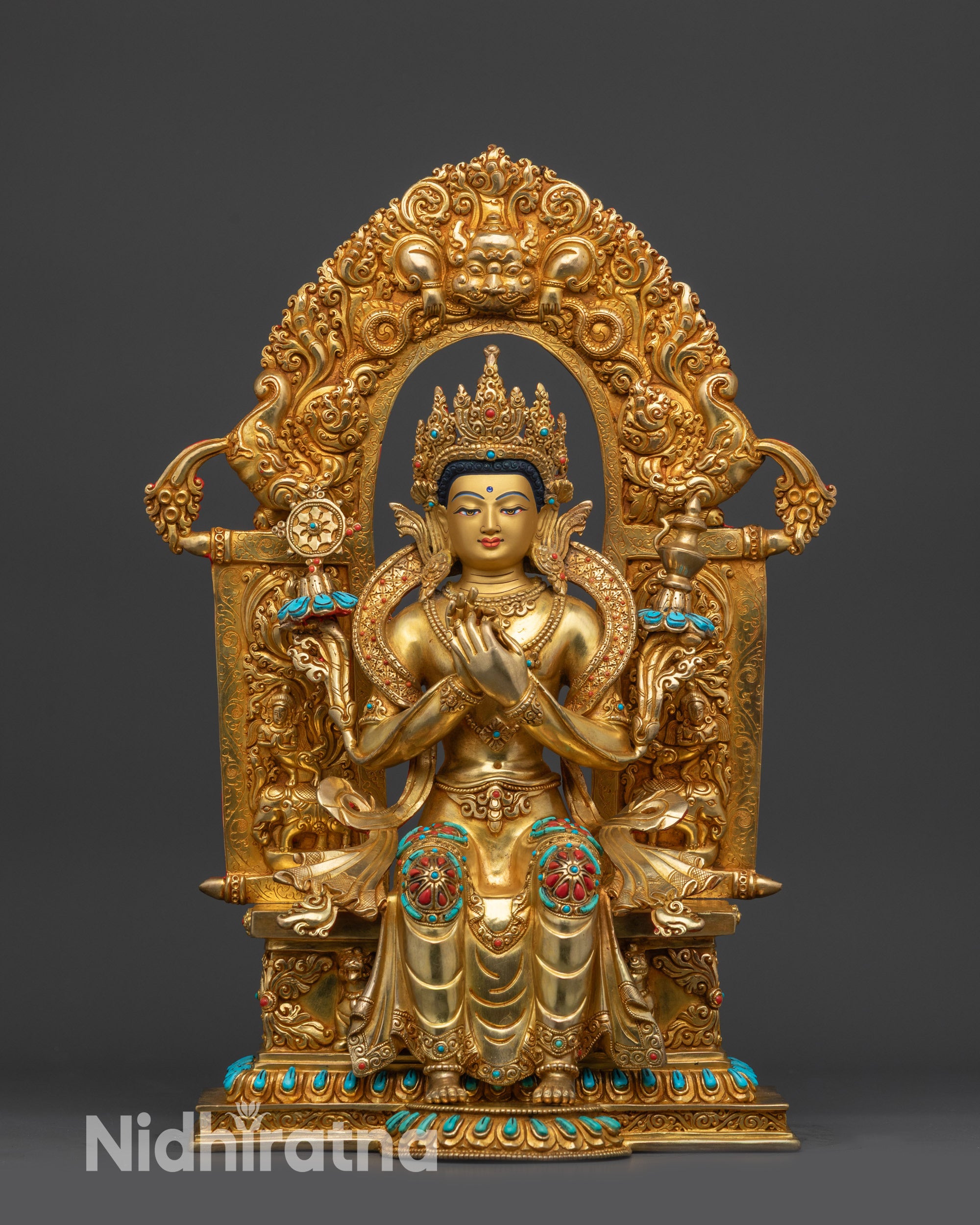 Ariya Maitreya Buddha statue front view on Trona throne with gold fire-gilded face