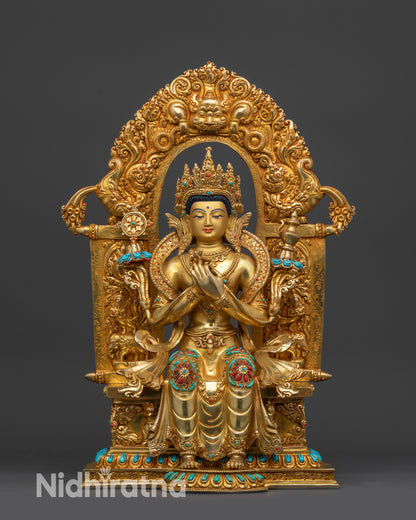 Ariya Maitreya Buddha statue front view on Trona throne with gold fire-gilded face