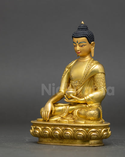 Artisan-made Shakya Thubpa copper statue depicting Prince Siddhartha Gautama in tranquil meditation posture