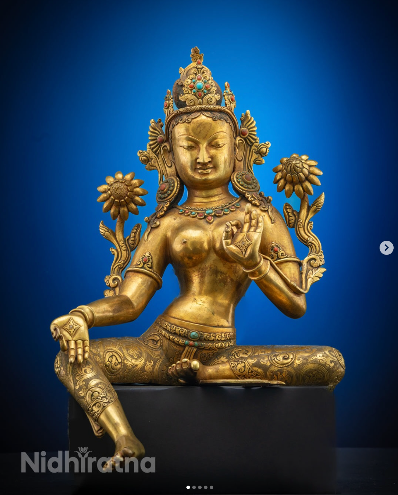 Arya Tara statue in lalitasana with turquoise and coral gemstone inlay, holding lotus flowers, handcrafted Nepali Buddhist sculpture by Nidhiratna
