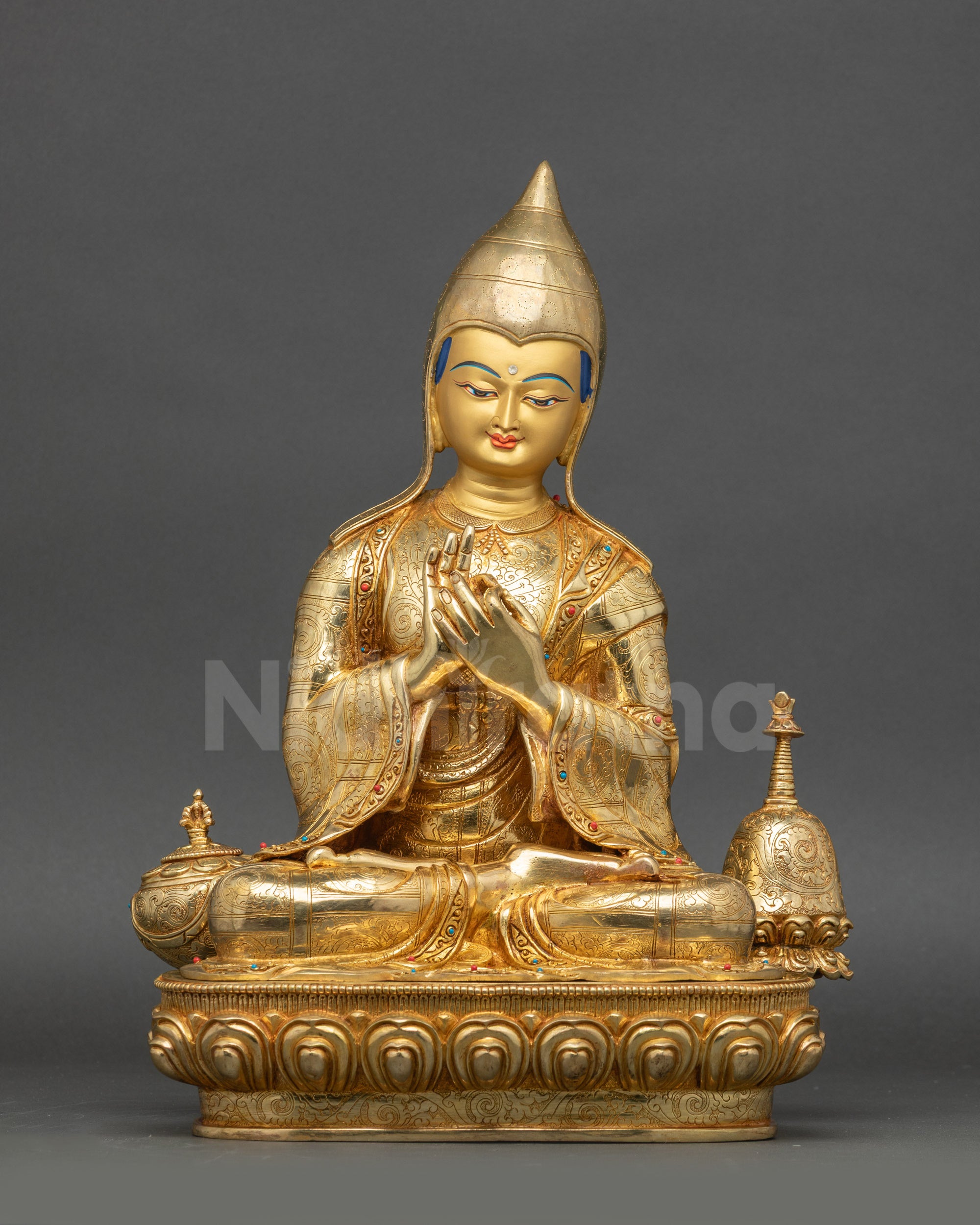 Atisha Buddhist Teacher Statue front view gold-gilded copper alloy figure