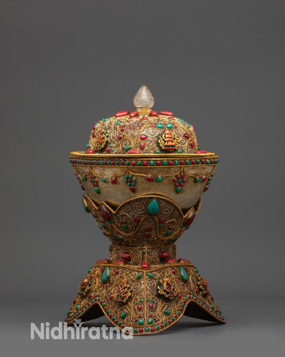 Auspicious Kapala Skull Cup with Crystal Lid and Gold Astamangala Symbol