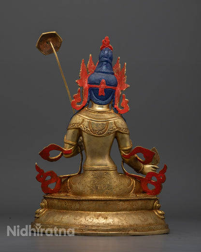 Authentic Dukar statue handcrafted by skilled Nepalese artisans using the traditional lost wax method, featuring intricate details on the robe, crown, and jewelry, with the deity holding a utpala flower