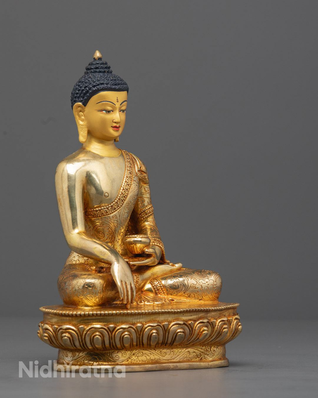 Authentic Gautam Buddha Statue seated on lotus throne with hollow chamber for mantras and relics, enhancing inner peace and enlightenment.