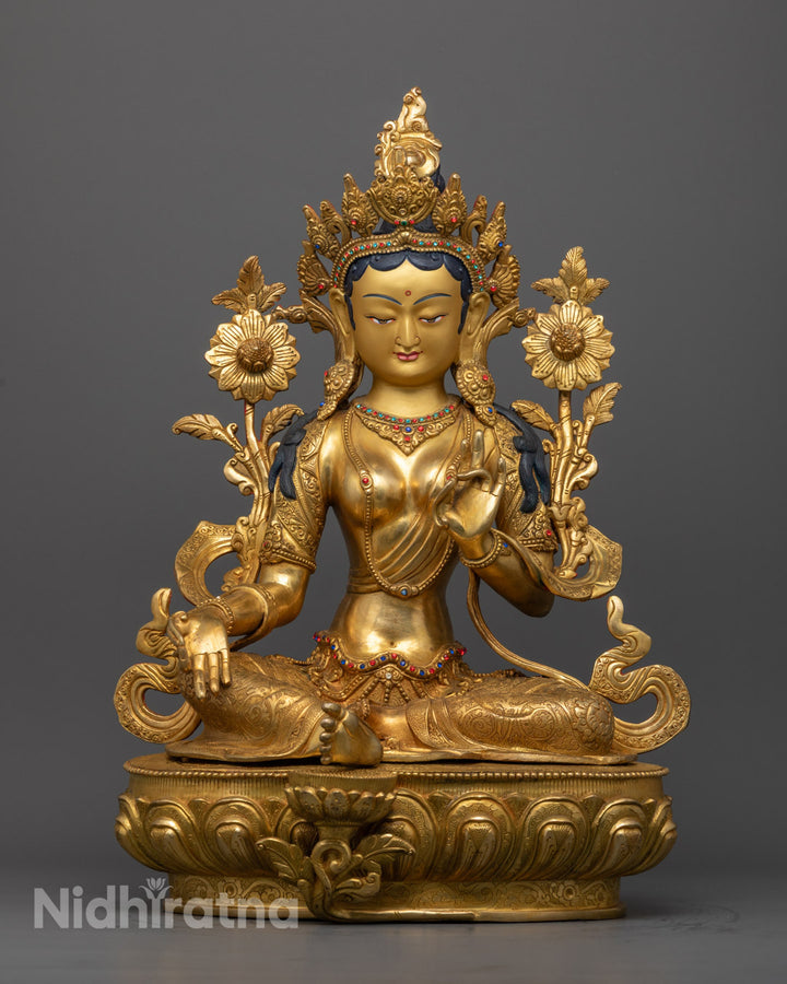 Authentic Green Tara Statue | Hand-Carved Copper Sculpture