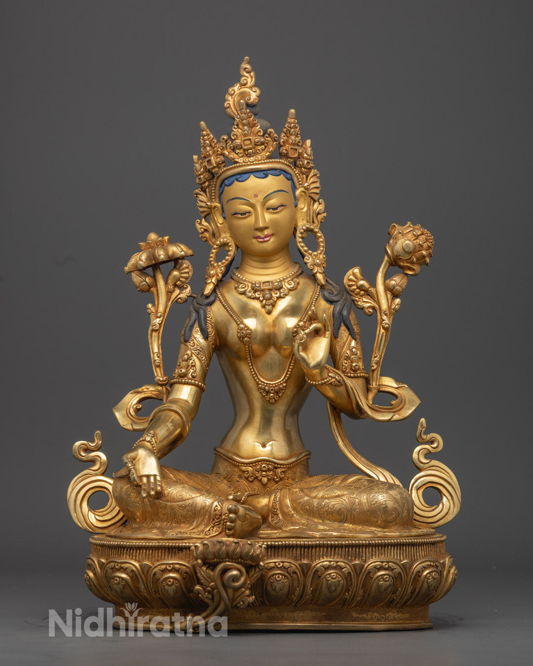 Authentic Green Tara Statue’s 24K gold-gilded face and detailed carvings