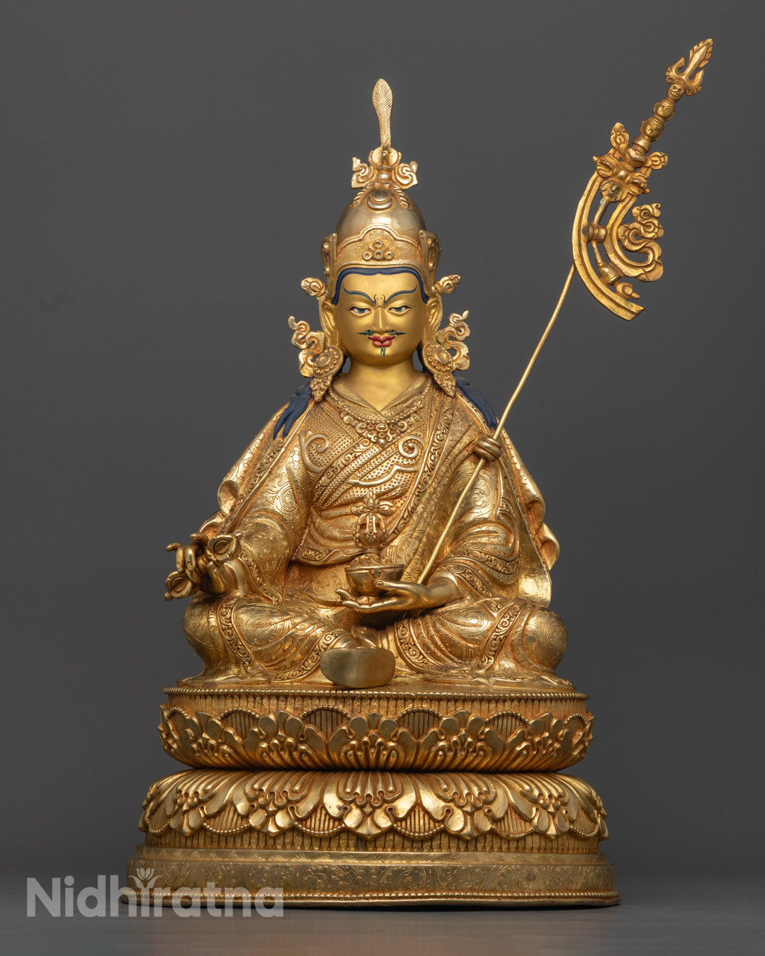 Authentic Guru Rinpoche Statue handcrafted in Nepal with 24k gold plating, seated on a lotus throne