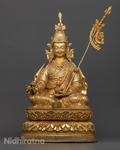 Authentic Guru Rinpoche Statue handcrafted in Nepal with 24k gold plating, seated on a lotus throne