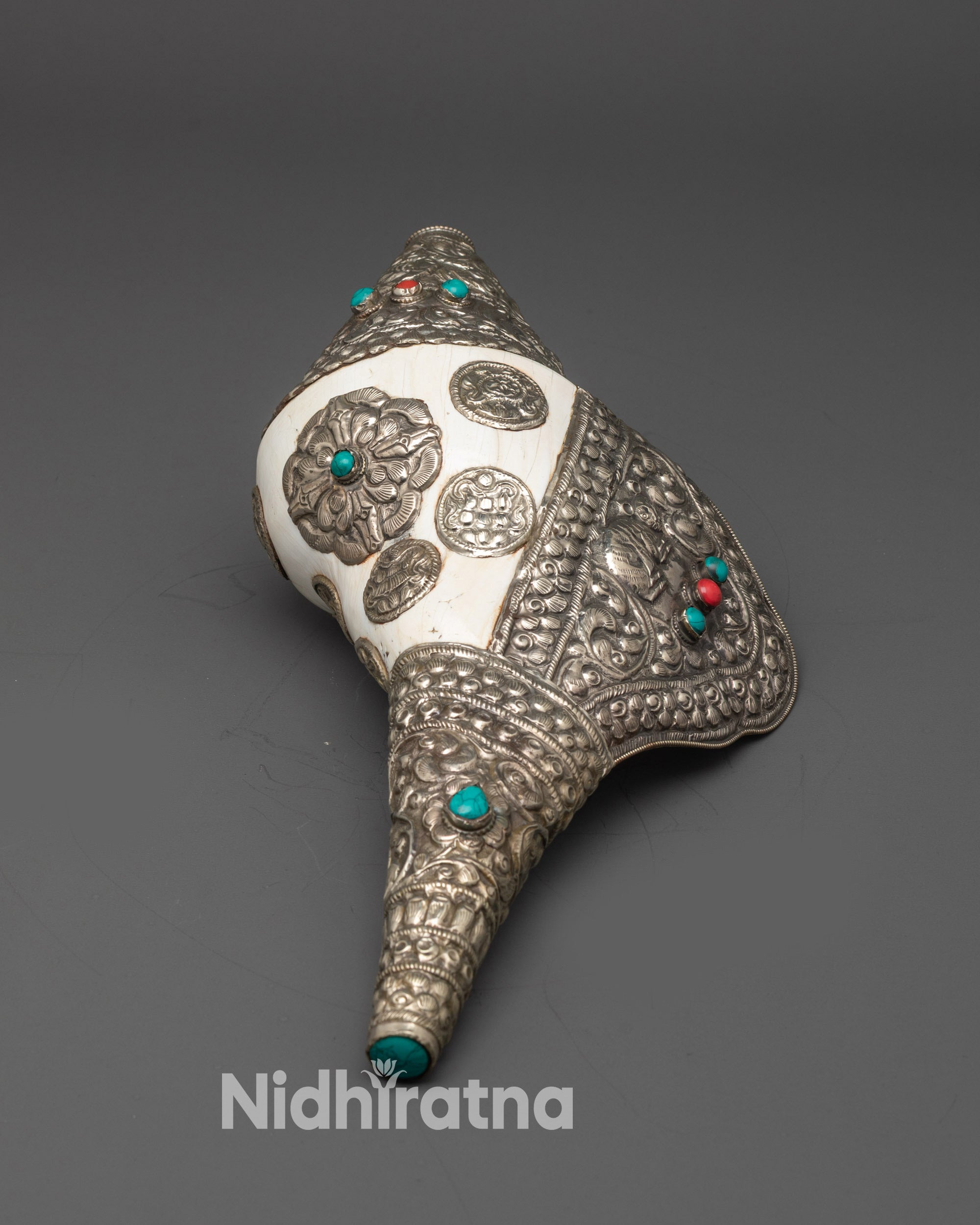 Authentic Himalayan Conch Shell handcrafted by Newari artisans with silver plating