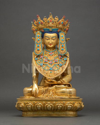 Handcrafted Jowo Buddha Statue, gold-gilded copper, front view, perfect for altar or meditation décor.