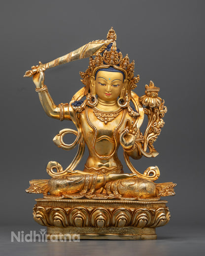 Authentic Manjushri Bodhisattva Statue – Handcrafted Nepalese copper sculpture with exquisite detailing and lotus throne, symbolizing wisdom and compassion.