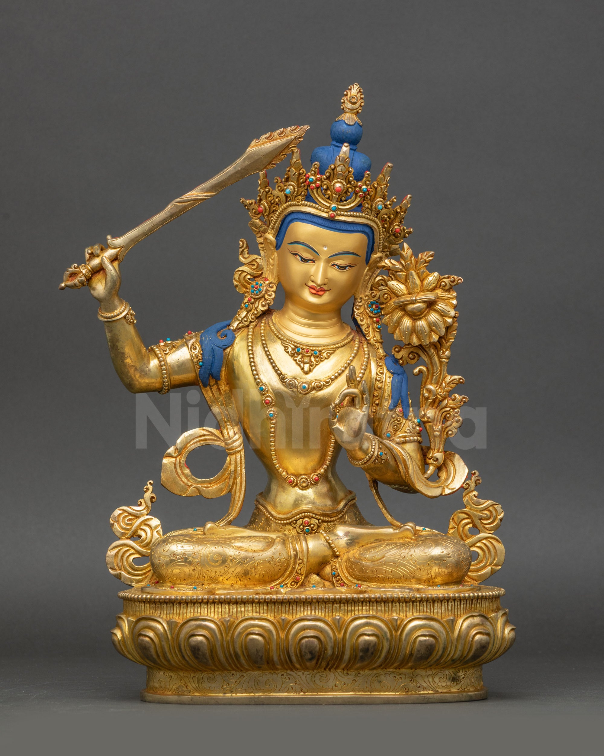 Authentic Manjushri Statue gold-gilded copper Bodhisattva seated on lotus seat