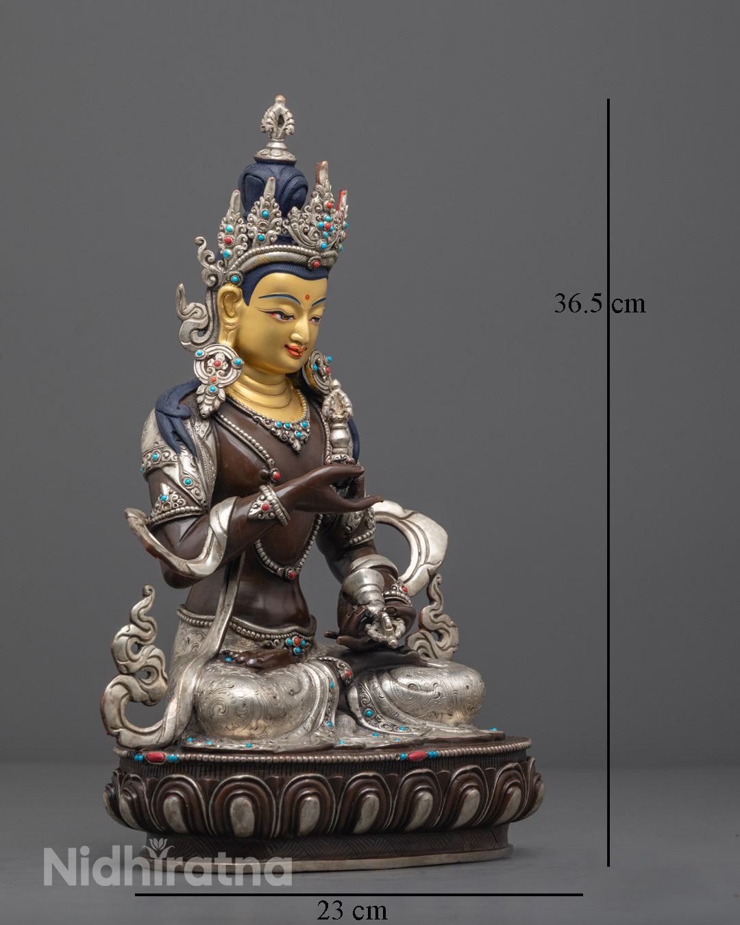 Authentic Nepalese Amitayus statue made using lost wax method with intricate hand-carved details and silver plating.