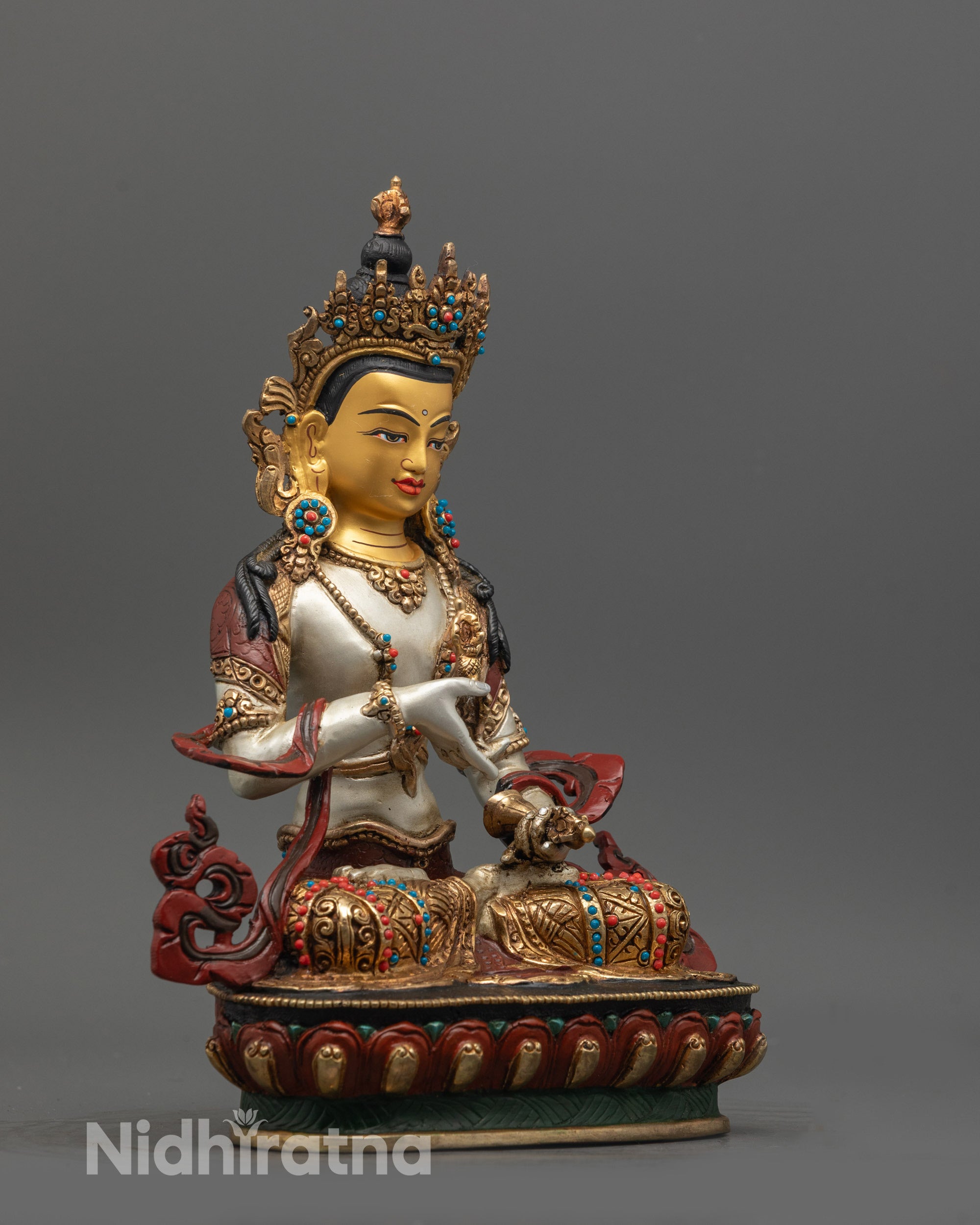 Authentic Nepalese Vajrasattva Statue in copper with silver body and gold face