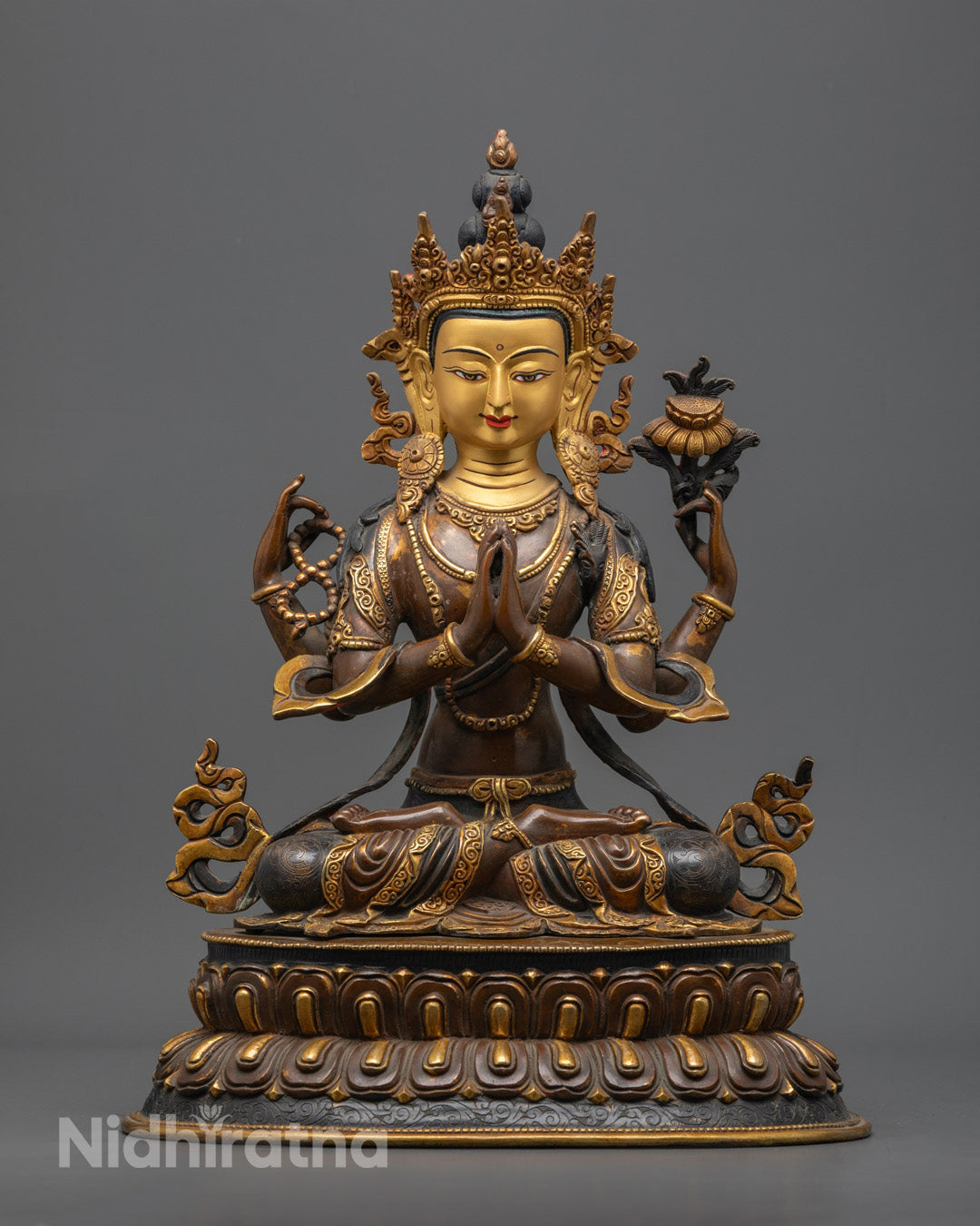  Authentic Oxidized Chenrezig Statue with gold-gilded face and intricate gold-plated copper body